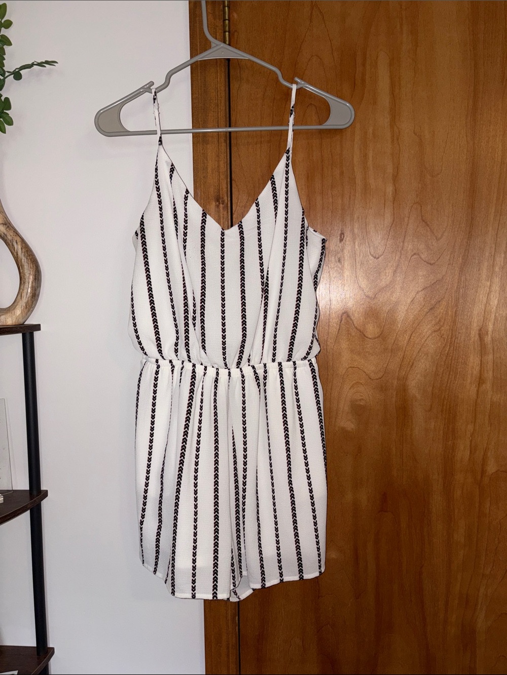 Striped V-Neck Spaghetti-Strap Romper in White and Black